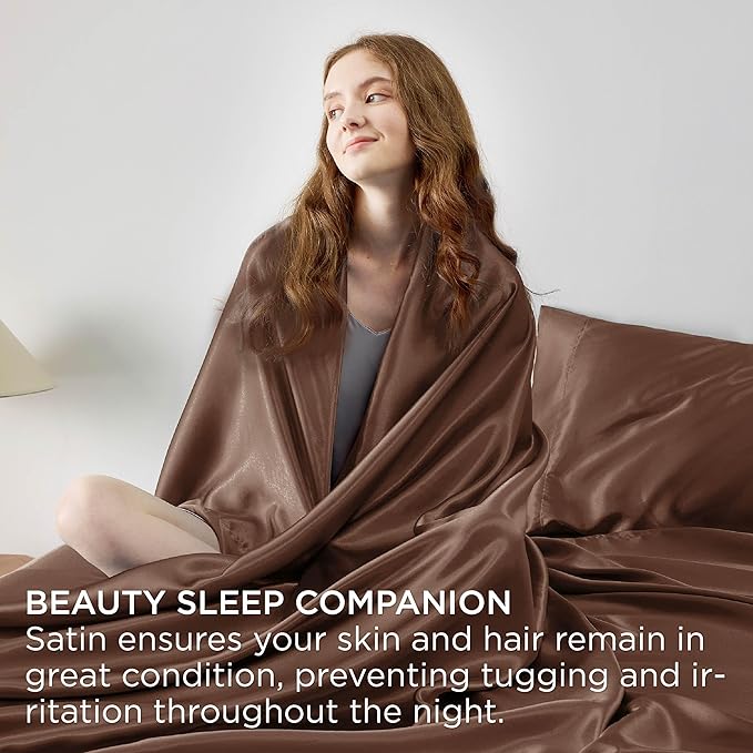 Bedsure Satin Sheets King Size - 4 Piece Silky Bedsheets with 15 Inches Deep Pocket Fitted Bedsheet,1 Flat Sheet, 2 Satin Pillowcases, Good for Hair & Skin (King, Coffee)