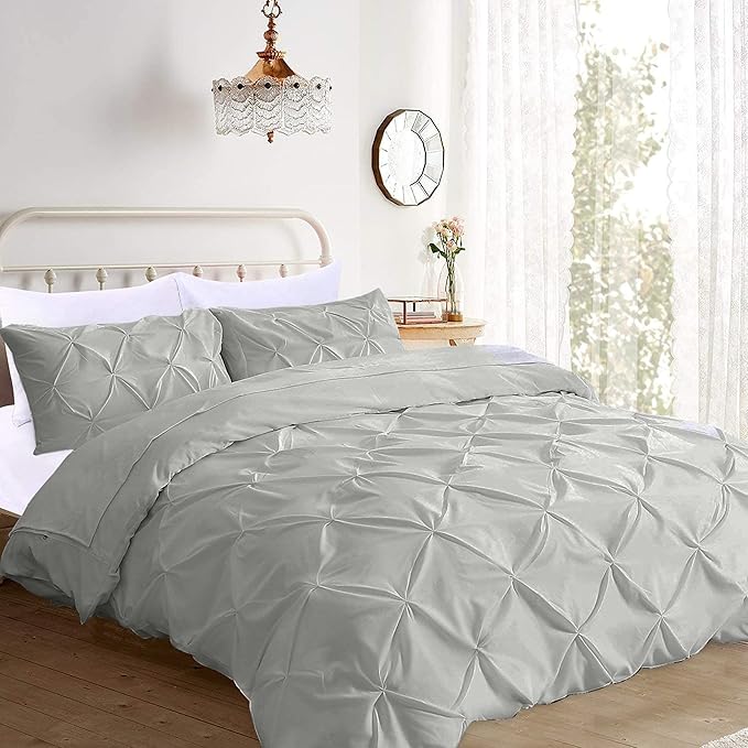 Pinch Pleated Duvet Cover Set 100% Brushed Microfiber 3PC Queen Size 90x90 Duvet Cover Set, Decorative Pinch Design Silver Grey Duvet Cover with Matching Pillow Case