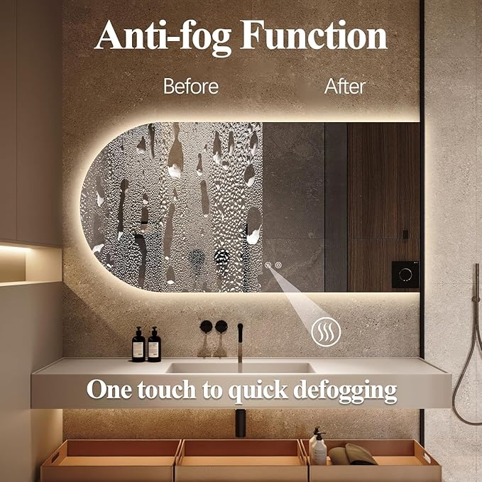 Arched LED Bathroom Mirror, 40"x24" Arch Framless Backlit Mirror with Lights Vanity Mirror for Makeup, Anti-Fog, Dimmable, 3-Color, Memory Function, IP65 Waterproof, UL Listed, Horizontal-Right