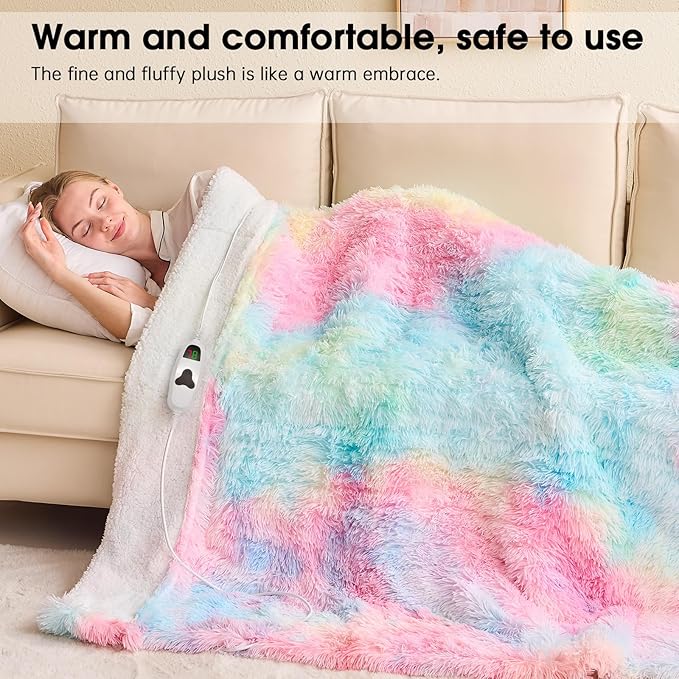 Heated Electric Blanket Throw,Warm Winter Birthday Gifts for Women Her Grandma-Faux Fur with Soft Sherpa,10 Heat Settings,5 Time Settings with Fast Heating, 50x60, Rainbow