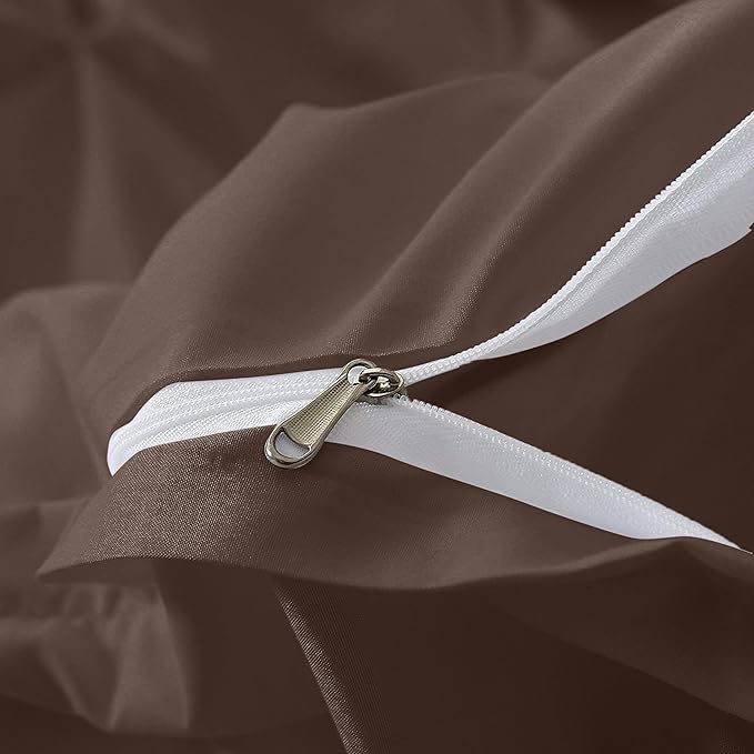Pinch Pleated Duvet Cover Set 100% Cotton 3PC Full Size 80x90 Duvet Cover Set, Decorative Pinch Design Brown Duvet Cover with Matching Pillow Case