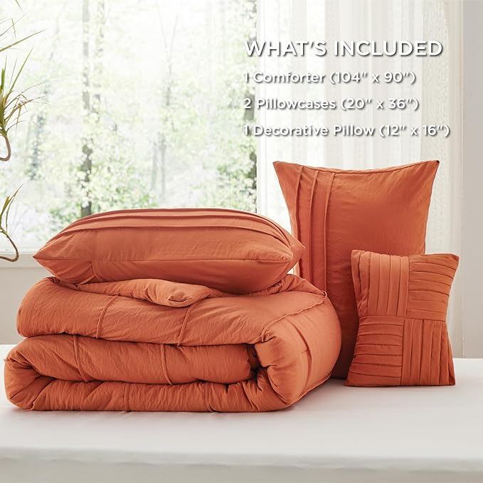 Bedsure King Comforter Set - 4 Pieces Pinch Pleat Bed Set, Burnt Orange Boho Bedding for All Season, 1 Soft Comforter, 2 Pillowcases, 1 Decorative Pillow