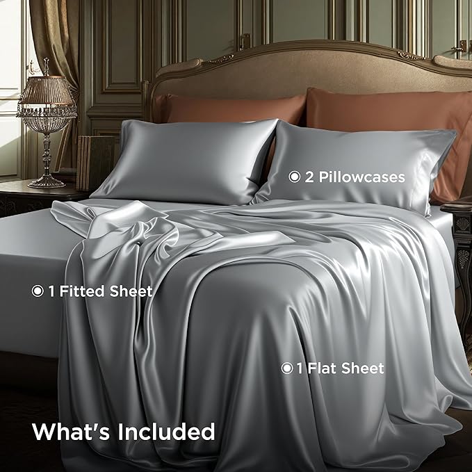 Bedsure Satin Sheets King Size - 4 Piece Silky Bedsheets with 15 Inches Deep Pocket Fitted Bedsheet,1 Flat Sheet, 2 Satin Pillowcases, Good for Hair & Skin (King, Silver Grey)