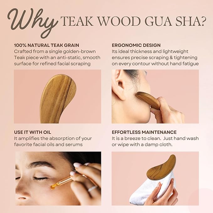 Teak Wood Gua Sha Facial Tool for Face, Arm and Body Massage, Anti-Aging Reduce Puffiness Wrinkles Shape Jawline Skincare Routine Treatment, Wooden Gua Sha Massager with Travel Pouch