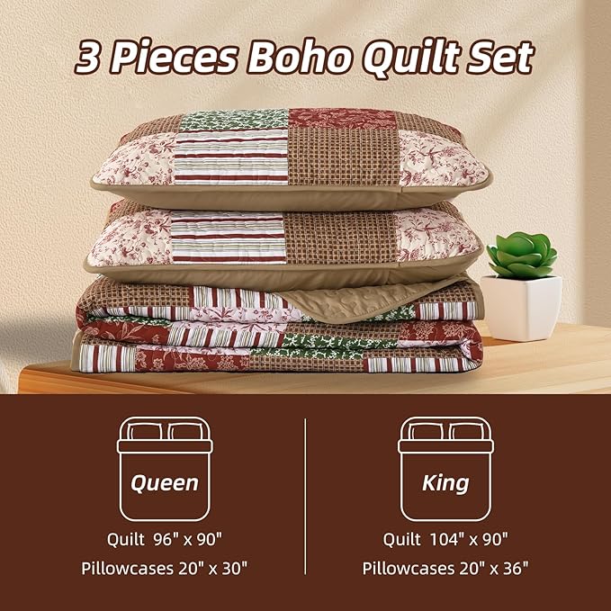 Mybedsoul Christmas Quilt Set Queen Size, 3 Pieces Red Green Floral Plaid Bedspread Coverlet Set, Reversible Soft Microfiber Bedding Set for All Season, Fall Winter Queen Christmas 90"x96"