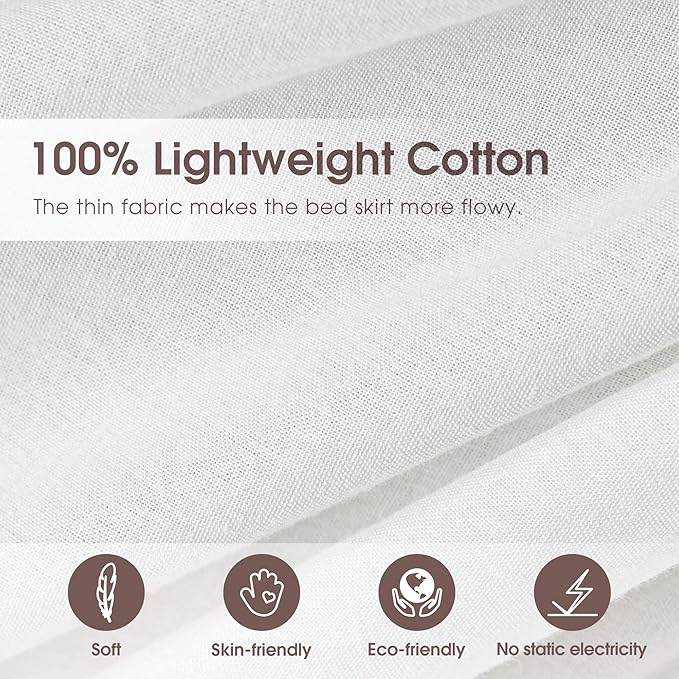 Queen Size 21" Drop - White Lightweight Cotton Bed Skirt with Crochet Edge - Dust Ruffle with Split Corner - Soft, Elegant, Breathable Bedding Accessory