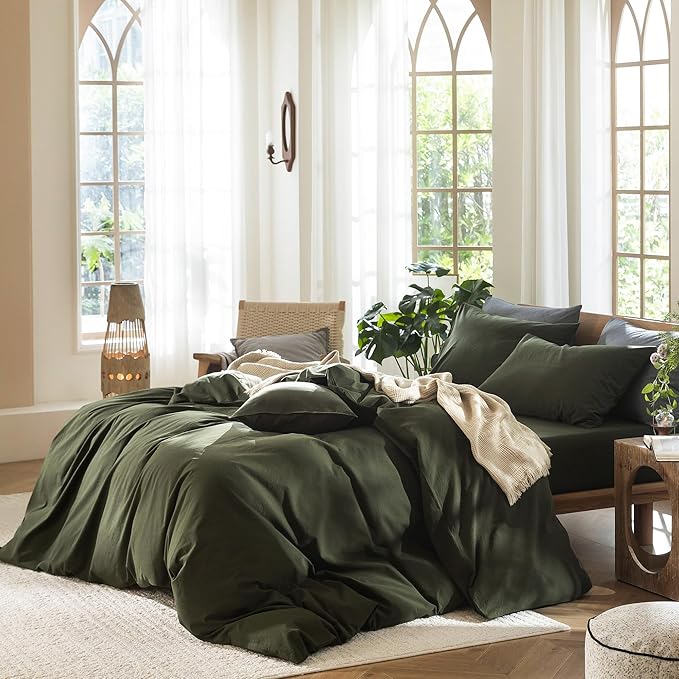 MooMee Bedding Duvet Cover Set 100% Washed Cotton Linen Like Textured Breathable Durable Soft Comfy (Solid Olive Green, Oversized King Plus 128"x120")