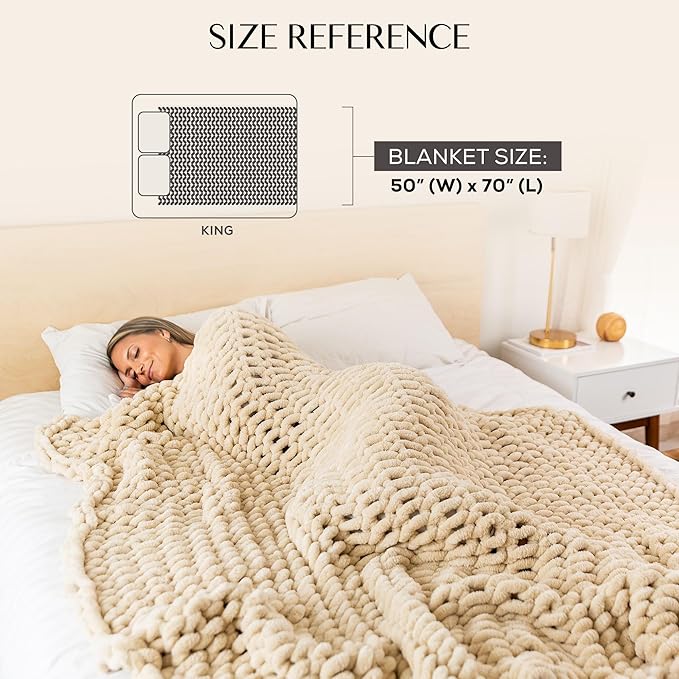 SAMIAH LUXE Chunky Knit Blanket Throw 50x70, Cream Chenille Chunky Knit Throw Blanket for Living Room Decor or Boho Decor, Thick Yarn Knitted Blankets for Couch or Bed, Cable Knitted Crochet Blankets