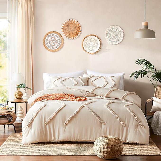 Cupocupa King Size Comforter Set;Beige Boho Tufted Lightweight Bedding Sets 3PCS Soft Jacquard Comforter with 2 Pillow Cases for All Season
