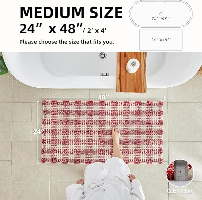 Waffle Bath Mat, Boho Christmas Bathroom Rugs Non Slip Washable Absorbent Checkered Bathroom Mat Quick Dry Cute Bath Mat, 36"x24" Red and White