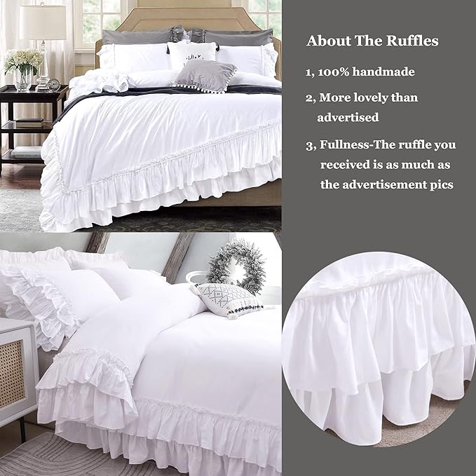 QSH Ruffle White Duvet Cover Queen Size -Washed Cotton Shabby Farmhouse Ruffled Bedding Comforter Cover 3 pcs Aesthetic French Country Queen Duvet Cover Cotton Extra Soft and Breathable