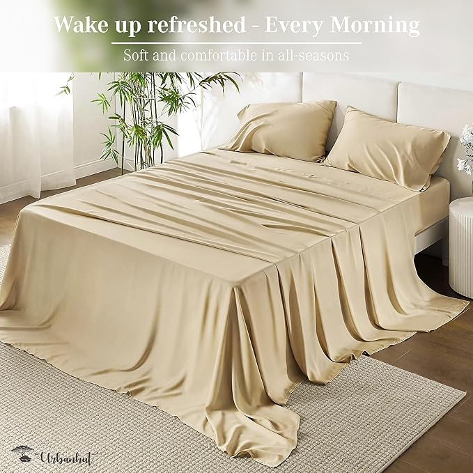 URBANHUT 1000 Thread Count King Size Egyptian Cotton Sheets, Long Staple Soft & Breathable for King Size Bedding, 4 Pc Bed Sheet Sets, Luxury Hotel Sateen Sheets Fits 16" Deep Pocket - Sand