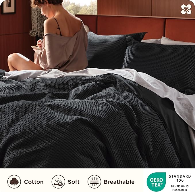 Bedsure Cotton Duvet Cover Set - 100% Cotton Waffle Weave Black Duvet Cover Oversized King Size, GentleSoft™ and Breathable Bedding Set for All Season, 3 Pieces, 120"x98"