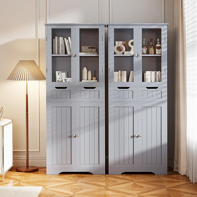 TOLEAD 67" Tall White Bathroom Cabinet Storage Cabinet, Freestanding Storage Cabinet with Glass Door and Adjustable Shelves, Bathroom Cabinet for Living Room, Kitchen, Dining, (Grey)