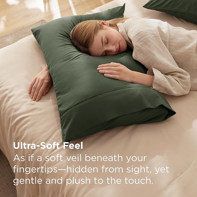 Bedsure Queen Pillow Cases Set of 2 - Olive Green Microfiber Pillowcase 2 Pack, Super Soft Double Brushed Pillow Case Covers with Envelope Closure, Wrinkle, Fade and Stain Resistant, 20x30 Inches