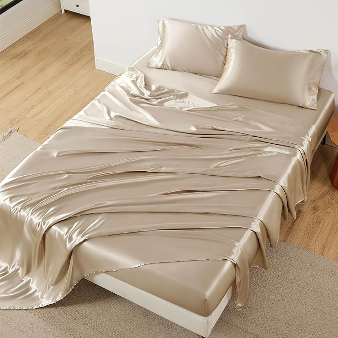Bedsure Satin Sheets Full Size - 4 Piece Silky Bedsheets with 15 Inches Deep Pocket Fitted Bedsheet,1 Flat Sheet, 2 Satin Pillowcases, Good for Hair & Skin (Full, Khaki)