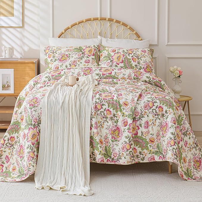 Cmfshape Floral Quilt Sets Bedspread Set 100% Cotton Bedding Set, All Season Use Lightweight Reversible Coverlet Quilts with 2 Pillow Shams(Queen 92"x96")