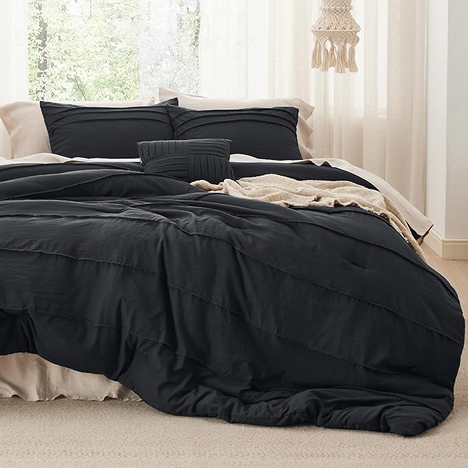 Bedsure King Comforter Set - 4 Pieces Pinch Pleat Bed Set, Black Boho Bedding for All Season, 1 Soft Comforter, 2 Pillowcases, 1 Decorative Pillow