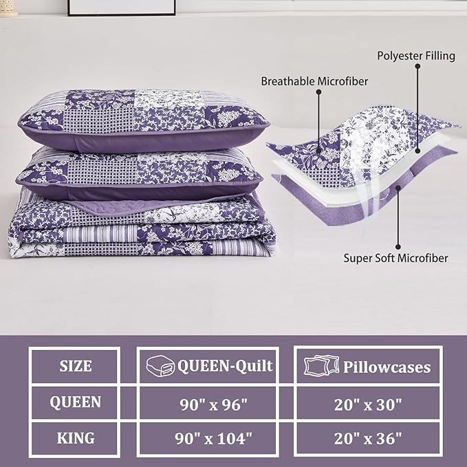 Mybedsoul Purple Quilt Set California King Size, 3 Pieces Boho Plaid Floral Bedspread Set Microfiber Lightweight Bohemian Bedding Bedspread Coverlet Set for All Season 106"x 96"