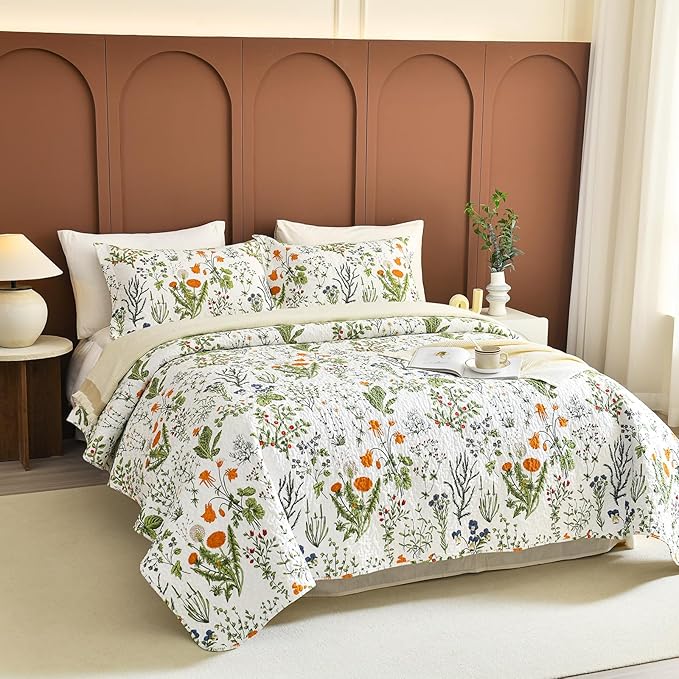 Lady Ann 100% Cotton Floral King Quilt Set - Yellow Flowers & Leaves Pattern Plant Botanical Printed Quilted Bedding, 3 Pcs Lightweight Extra Soft King Bedspread Coverlet Set for All Season