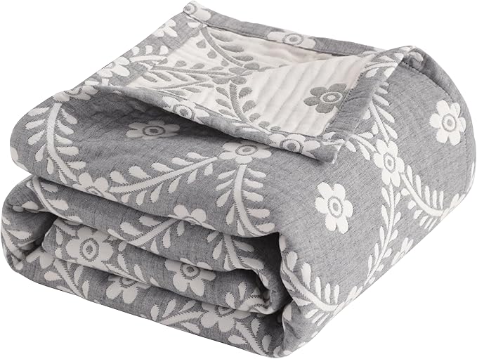 NTBAY 3 Layers Cotton Muslin 68x92 Twin Bed Blanket, Super Soft Breathable Thermal Yarn Dyed Quilt for Adults, Perfect Lightweight Blanket for Couch Sofa Bed All Seasons, Grey Garlands