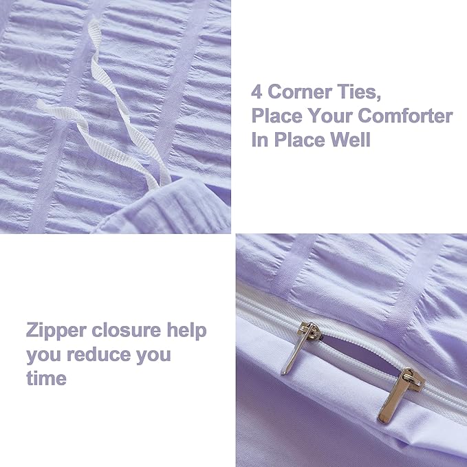 AveLom Lavender Purple Seersucker Duvet Cover Set Queen (90 x 90 inches), 3 Pieces (1 Duvet Cover + 2 Pillow Cases), Ultra Soft Washed Microfiber, Textured Duvet Cover with Zipper Closure, Corner Ties