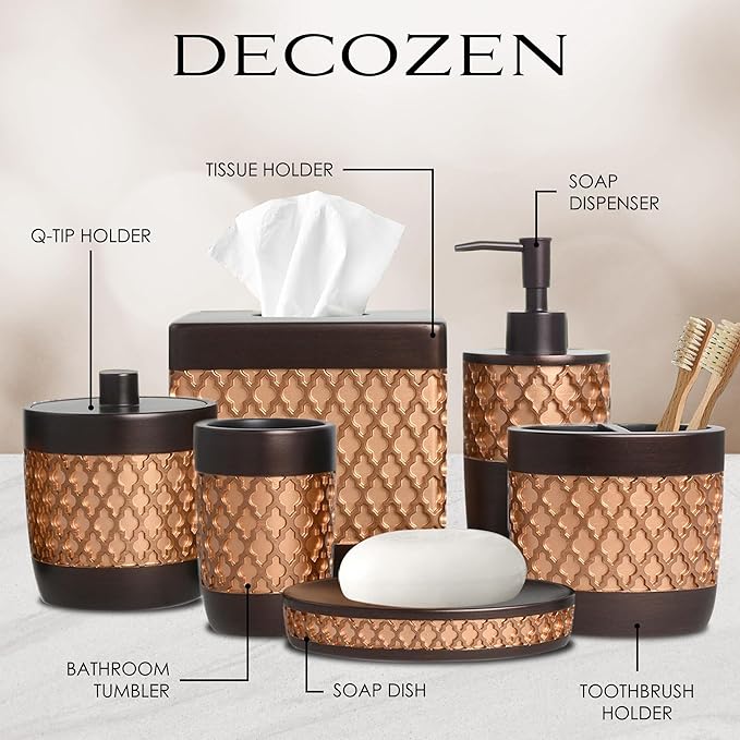 Decozen Bathroom Accessories Set 6Pcs – Soap Dispenser, Toothbrush Holder, Tumbler, Soap Dish & Cotton Swab Jar – Modern Bathroom Decor, Bath Set for Christmas Decor, Wally