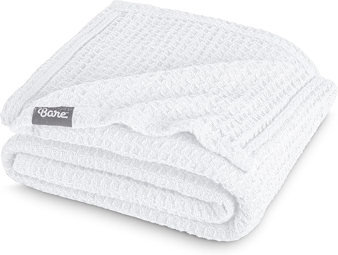 Bare Home White Waffle Blanket, Throw Size 44Wx66L, 100% Cotton, Soft & Breathable for All Seasons, Lightweight, Perfect for Layering Bed, Sofa & Couch (Throw/Travel, White)