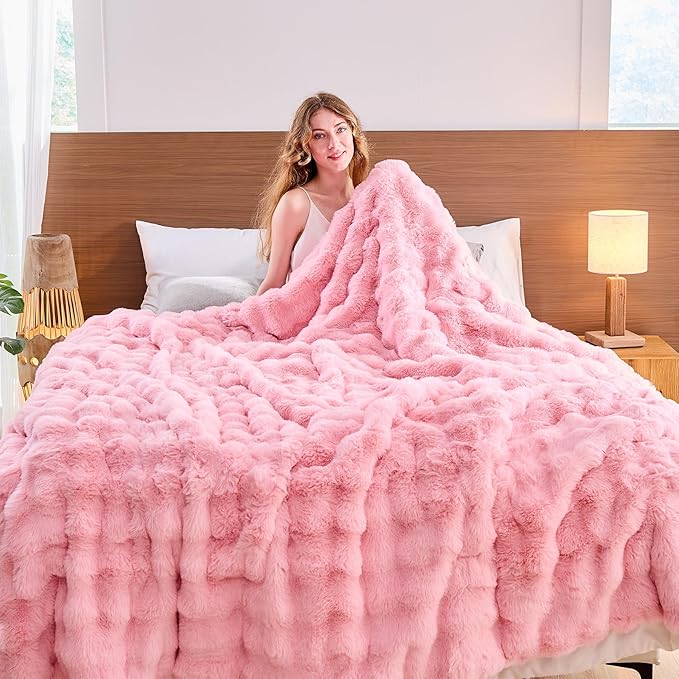 Pink Faux Fur Throw Blanket Soft Plush Fluffy Bubble Texture Cozy Blanket for Couch Bed Sofa Warm Thick Luxury Home Decor Gift for Women Mom Girlfriend (Throw Size 50''x60'', Pink)