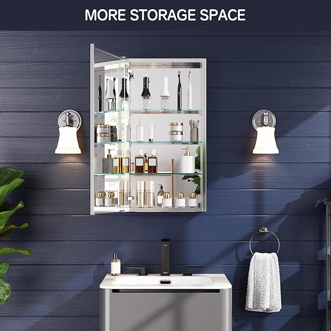 Medicine Cabinet 16" x 30", Bathroom Medicine Cabinet with Mirror, Recessed Medicine Cabinets with Adjustable Shelves, Soft-Closing Door, and Aluminum Alloy Frame - Reverse Installation, Silver