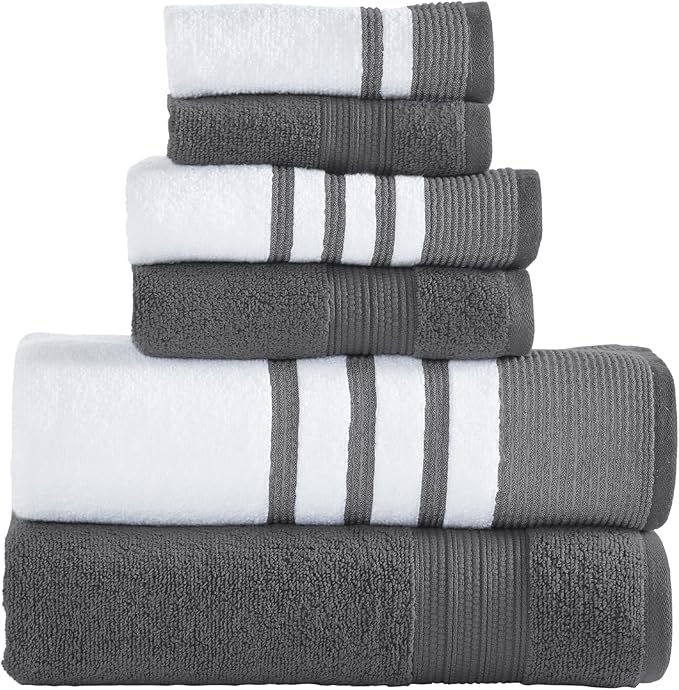 Modern Threads 6 Piece Set, 2 Bath Towels, 2 Hand Towels, 2 Washcloths, Quick Dry White/Contrast Reinhart Coal