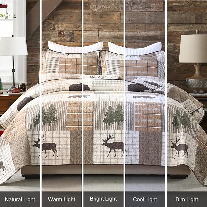 Uniclinens 100% Cotton Quilts King Size - Farmhouse Cabin Lodge Bear Deer Tree King Quilt Set, Soft Patchwork Plaid Bedspread Lightweight Quilted Comforter with 2 Pillow Shams, Green/Brown/Cream