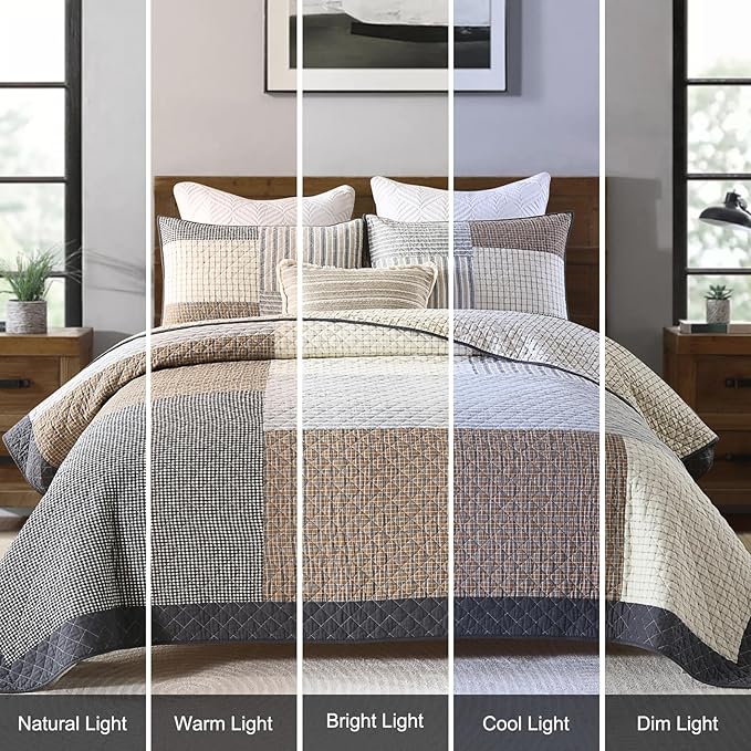 Uniclinens Quilt Set Queen Size, 100% Cotton Quilted Quilt Bedding Set Bedspread, Patchwork Plaid Quilt, Lightweight Quilted Comforter Set, 3 Pieces Set with 2 Pillowshams, Brown/Beige/Gray
