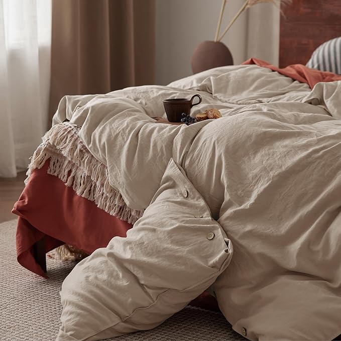 Bedsure Linen Duvet Cover King Size - Linen Cotton Blend Bedding Set, Soft & Cozy, 3 Pieces, 1 Duvet Cover 104x90 Inches and 2 Pillowcases, Warm Tan Color Cooling Bedding, Comforter Sold Separately