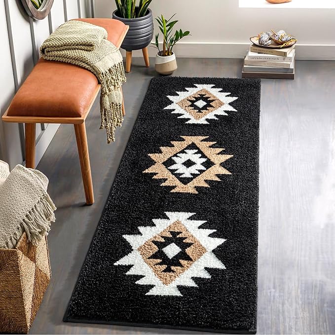 DEXDE Bathroom Runner Rug 24x60 Inch, Boho Long Bath Mat Rug for Bathroom Bedroom Hallway Kitchen Luxury Soft Absorbent Large Modern Geometric Carpet Western Farmhouse Carpet, Black