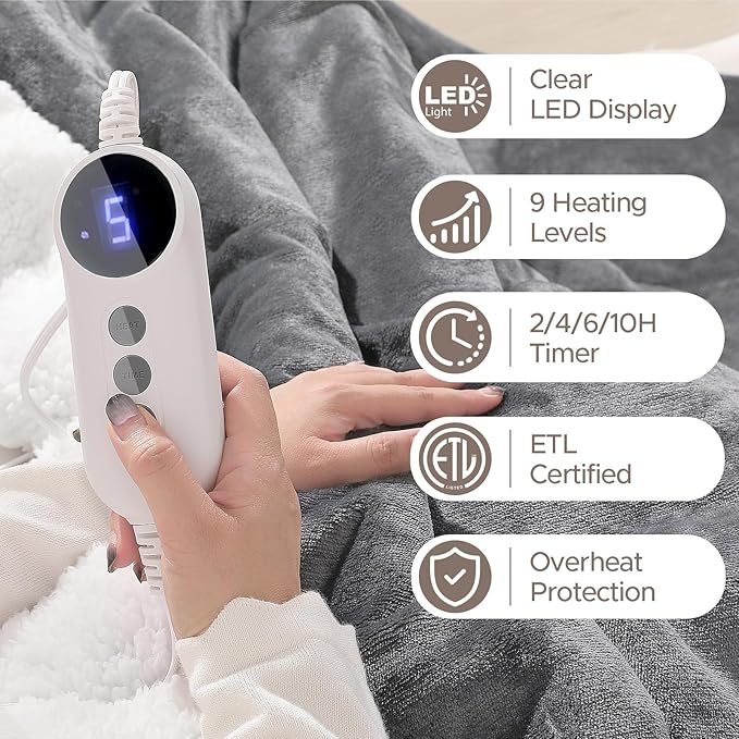 Heated Blanket 72"x84" Full Size, Dual-Sided with Soft Flannel & Sherpa Fabric, Electric Blanket with 9 Heating Levels & 2-10 Hours Auto Off, Machine Washable, Light Gray