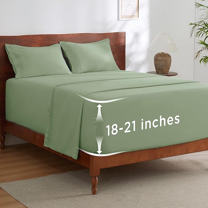 Bedsure Deep Pocket Full Size Bed Sheets Set - Fits Mattresses Up to 21 Inches Thick - 4 Piece GentleSoft Bed Sheets, Moisture Wicking, Cooling Bedsheet & Pillowcases, Easy & Secure Fit, Sage Green