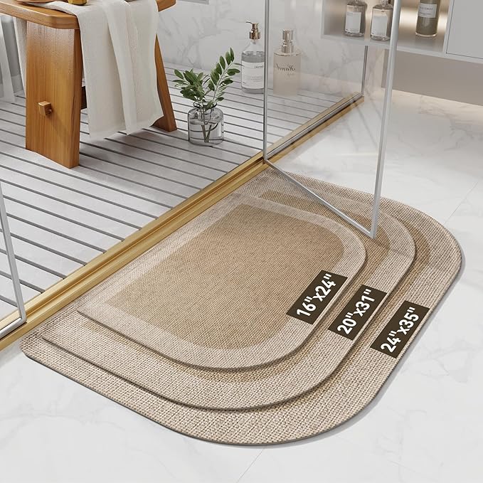 Bathroom Rugs Mat 20x31, Ultra Thin Non Slip Bath Mats for Bathtub Quick Dry Absorbent Rubber Bathroom Mat Fit Under Door, Woven Washable Half Round Bath Rugs Floor, Beige Brown