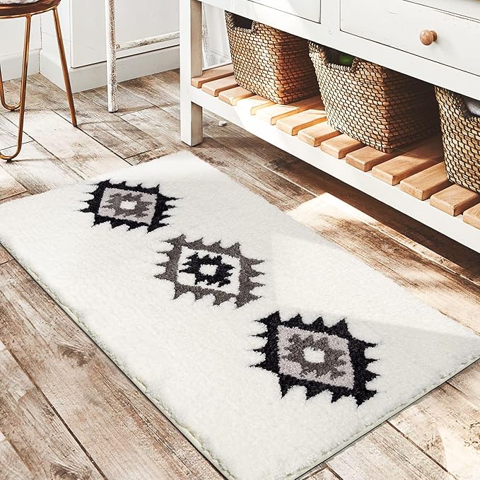 DEXDE Bathroom Rugs Black 24x36 Boho White Bath Mat, Non Slip Western Geometric Bath Rug Luxury Soft Modern Absorbent Carpet for Bathroom Shower Kitchen Entryway Farmhouse