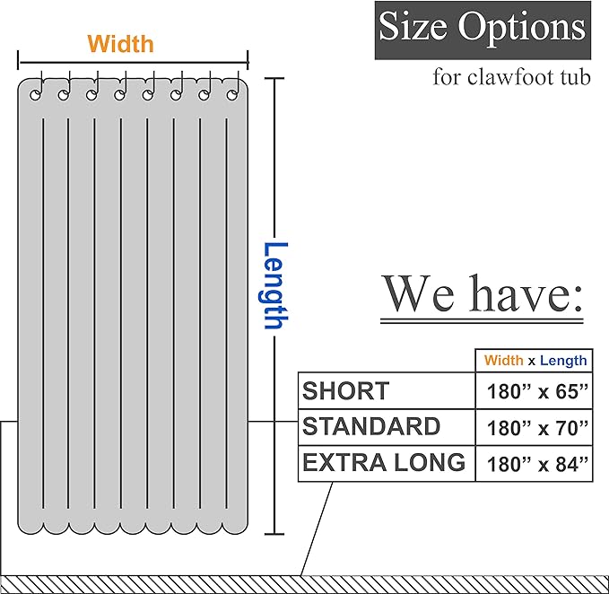 Barossa Design Waffle Weave Clawfoot Tub Shower Curtain 180 x 70 Inch Wrap Around - Heavy-Weighted Fabric to Stop Blowing, Washable, Water Repellent, with 36 Hooks Set, White, 180x70
