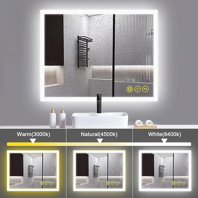Wall-Mounted LED Square Bathroom Mirror, Makeup Mirror (36inches x 30inches,) 3 Color Stepless Dimmable Memory Bathroom Vanity Mirror with Lights CRI90+ 3000-6400K Smart Mirror with Touch