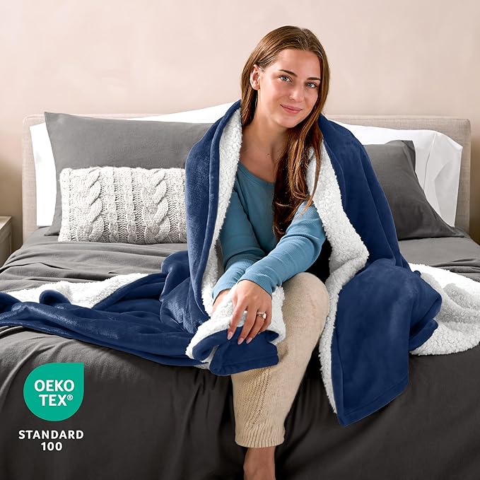 Bare Home Sherpa Fleece Blanket - Throw/Travel Size - Blanket for Bed, Sofa, and Couch - Warm & Lightweight - Fluffy & Soft - Reversible (Throw/Travel, Dark Blue)