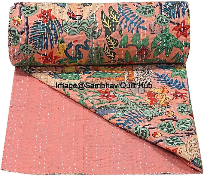 Floral Printed Cotton Quilted Blanket Indian Handmade Bedspread Kantha Work Bohemian Bed Decor Throw Blanket Twin/King/Queen (California King 108" x108 with Pillow Cover)