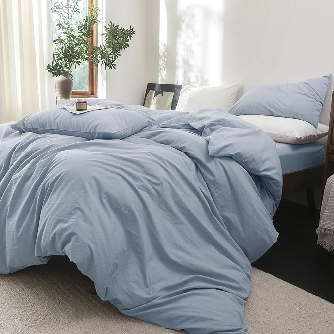 FOSSA Duvet Cover Set 100% Washed Cotton Linen Feel Super Soft Breathable Cozy 3 Pieces Bedding Sets Solid Cornflower Blue Oversized King