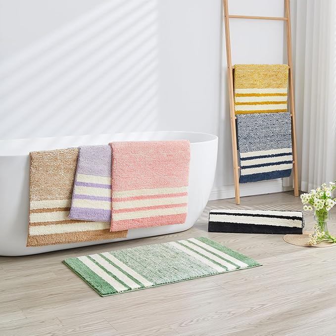 CozeCube Bath mats for Bathroom Non Slip, Fluffy Absorbent Microfiber Bath mat Washable, Aesthetic Bathroom Rugs, Cute Sage Green Striped Bath mat, Sage Green, 32" x 20"