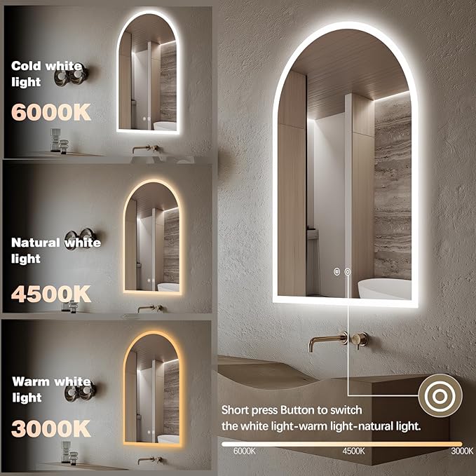 Niccy Arched LED Bathroom Mirror, 40"x30" Arch Frameless Frontlit & Backlit Mirrors for Wall, Arched Lighted Vanity Mirrors with Memory Function for Bathroom Bedroom, Defogger 3 Color, Explosion-Proof