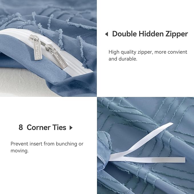 JELLYMONI Duvet Cover Queen Size Blue - 3PCS Boho Duvet Cover Set Plaid Polyester Tufted Bohemian Jacquard Knit Textured Comforter Cover 90×90in Rhombic Geometric Pattern Zipper Corner Tie