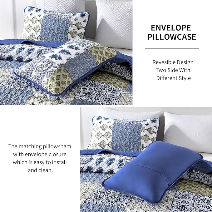Mybedsoul Blue Quilt Set King Size 3 Pieces Boho Plaid Aqua Blue Floral Bedspread Set Microfiber Lightweight Bohemian Bedding Set for All Season (1 Quilt + 2 Pillow Shams) 90"x104"