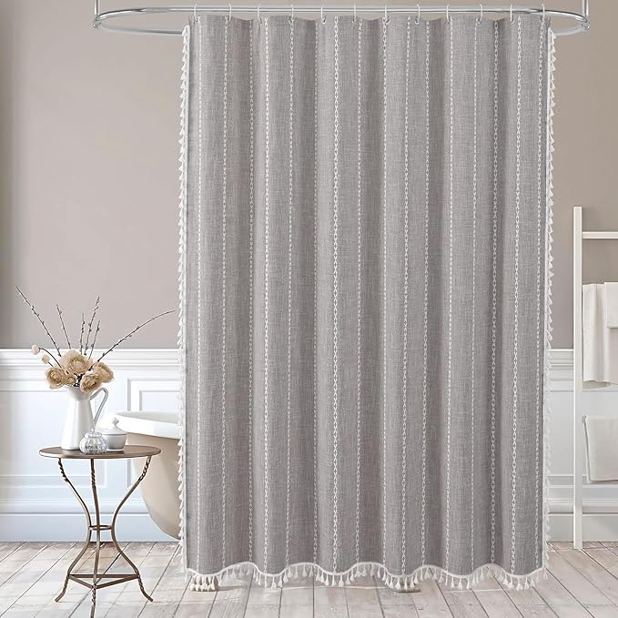 MitoVilla Boho Extra Long Shower Curtain 72 x 84, 84 inch XL Cotton Linen Tassel Fabric Shower Curtains for Vintage Country Farmhouse Bathroom Decor, Thick & Wrinkle Resistant, Brown Grey