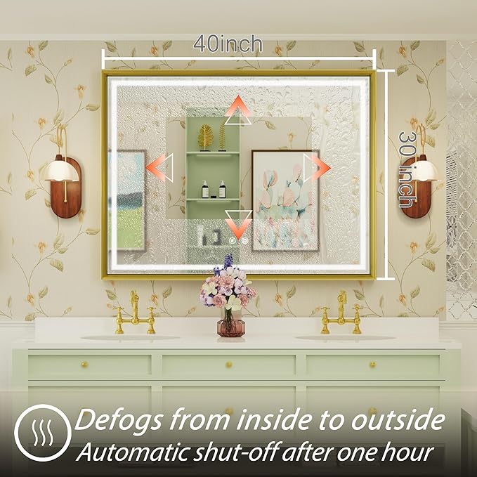 40x30 Inch Gold LED Mirror for Bathroom, 3 Color Temperatures (3000K/4500K/6000K), Anti-Fog, Dimmable Lights, Memory Function, Horizontal/Vertical Wall Mounted
